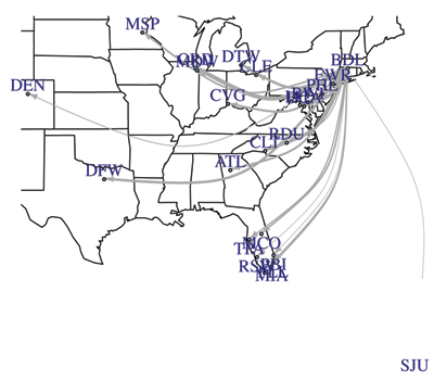Figure 6. Map of flights from Bradley airport in 2013